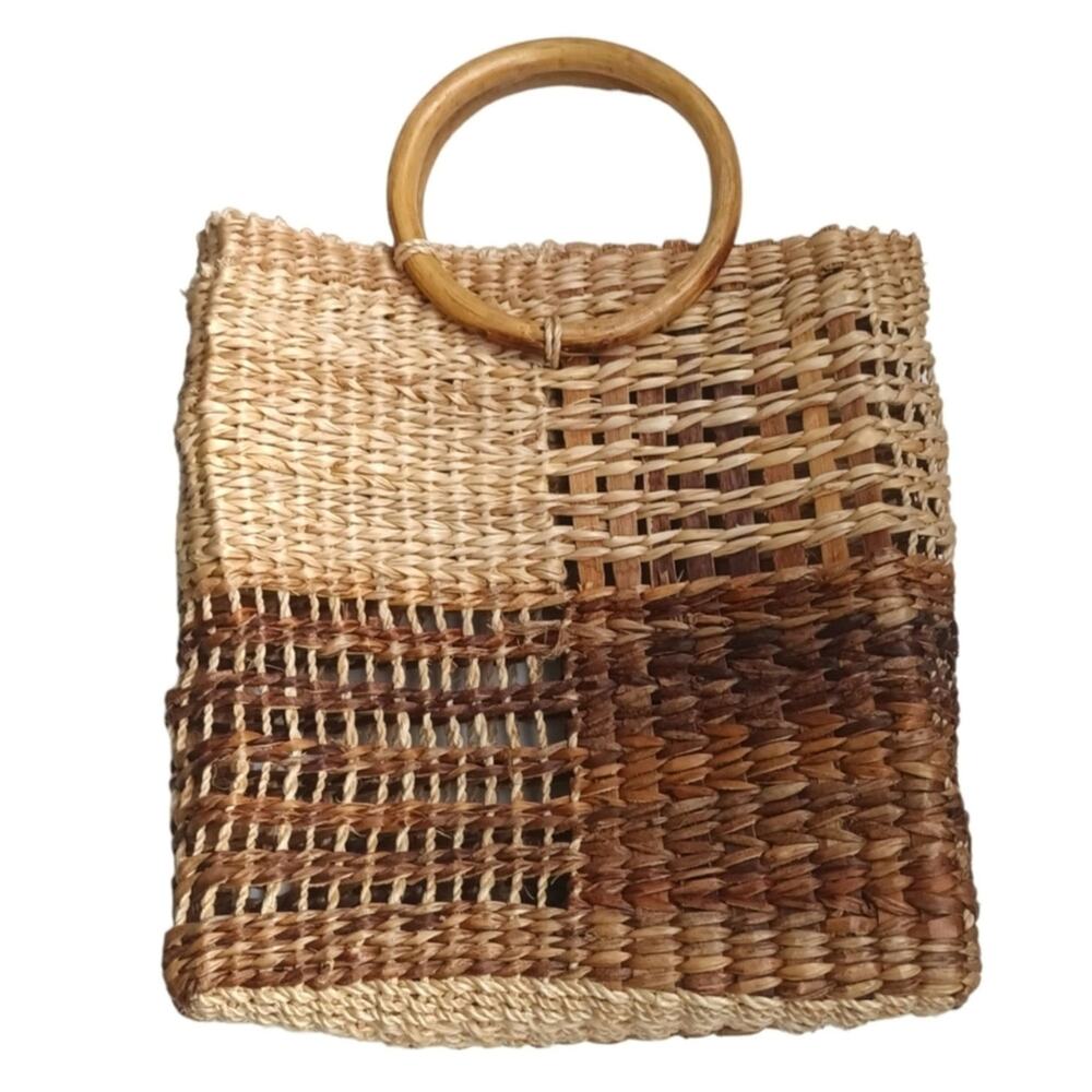 Handwoven Straw Tote Bag Wooden Ring Handles 11” Market Purse Philippines - Picture 5 of 6